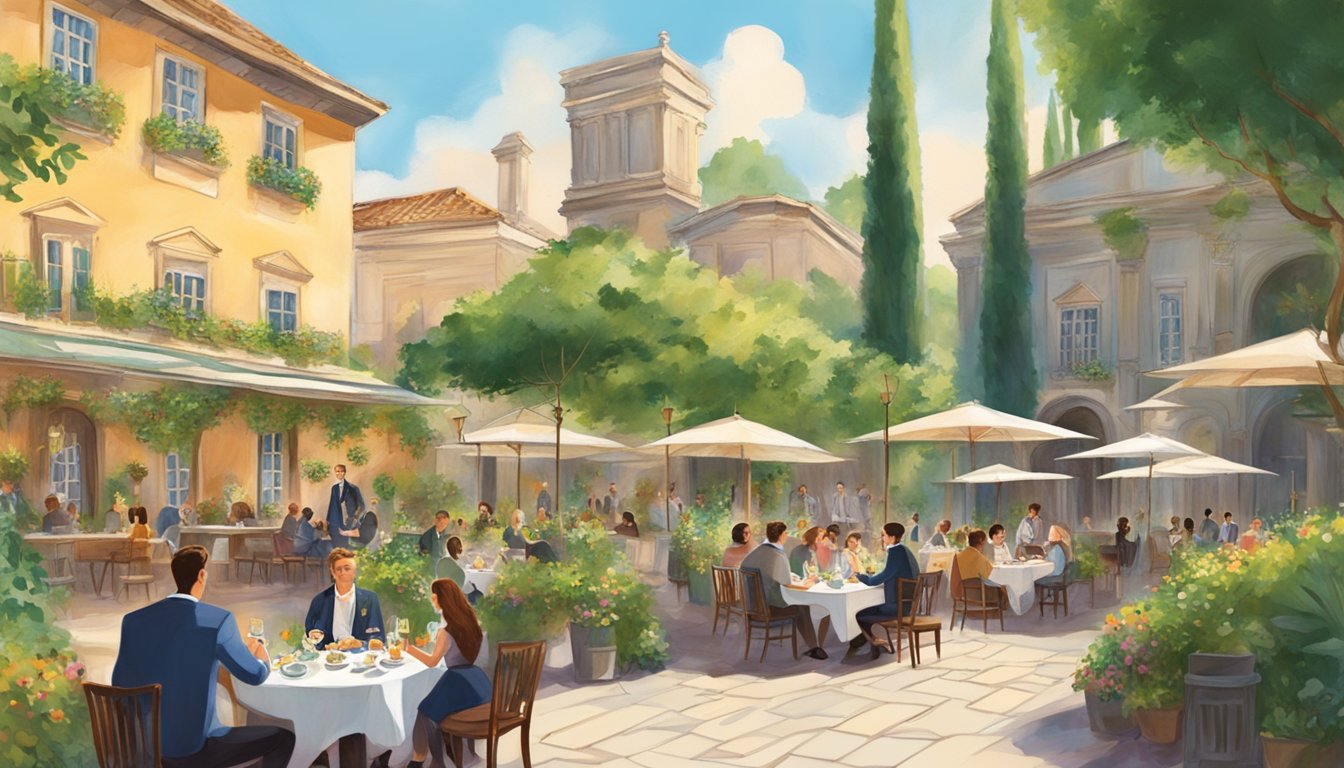 Guests sit at outdoor tables, surrounded by lush greenery and historic architecture. A waiter serves a delicious meal, while others enjoy the vibrant atmosphere