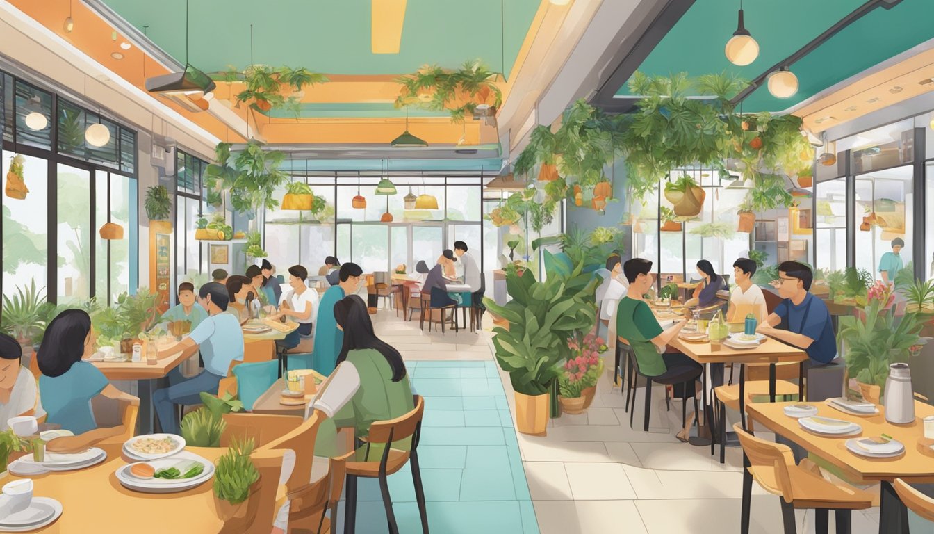 A bustling vegetarian restaurant in Jurong, with colorful decor and a variety of plant-based dishes on the tables