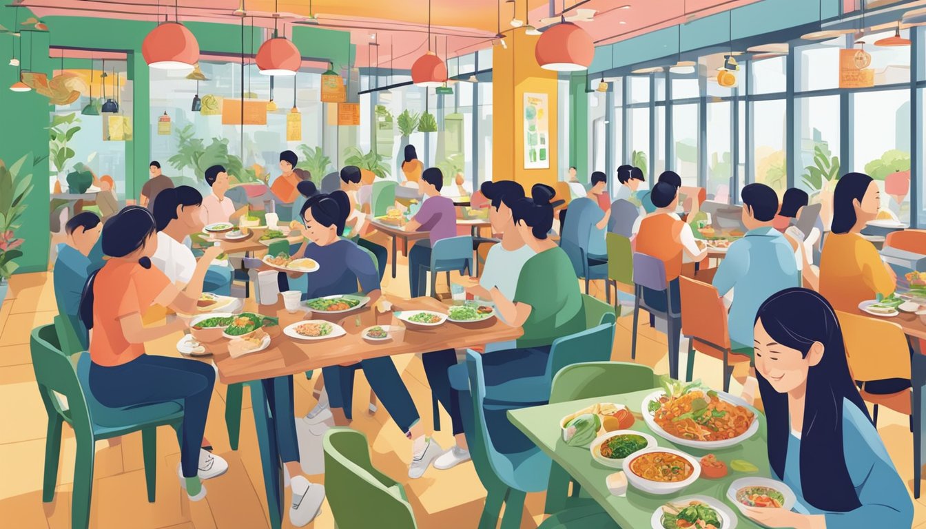 Customers enjoying a variety of colorful and flavorful vegetarian dishes at a bustling restaurant in Jurong
