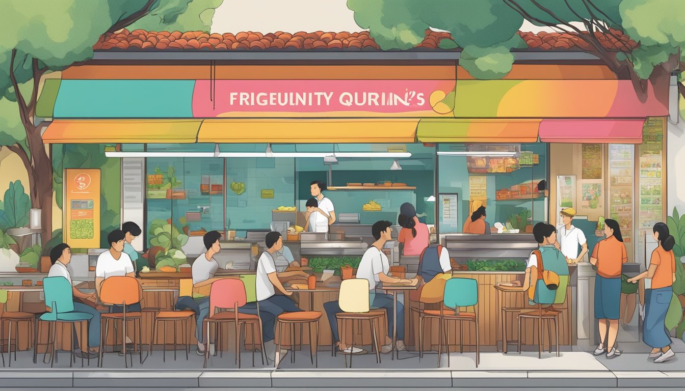 A bustling vegetarian restaurant in Jurong, with a colorful and inviting exterior, a line of customers waiting to be seated, and a sign displaying "Frequently Asked Questions" prominently