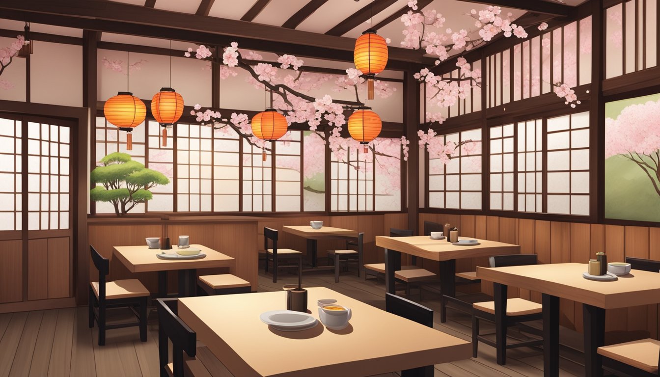 A traditional Japanese restaurant with paper lanterns, wooden tables, and a sushi bar. The walls are adorned with cherry blossom paintings and calligraphy