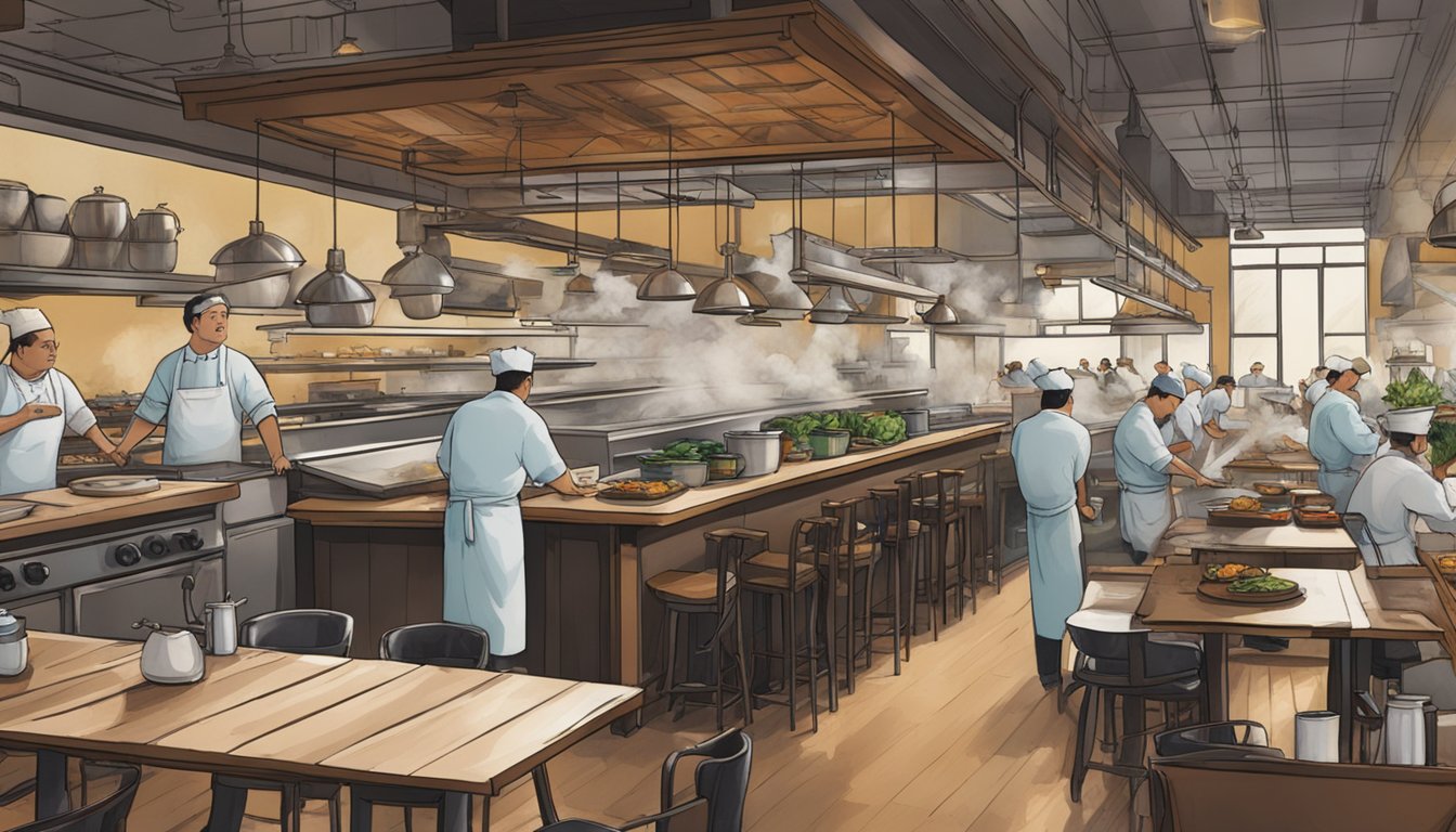 A bustling restaurant teck sing with tables filled, steam rising from dishes, and chefs busy in the open kitchen