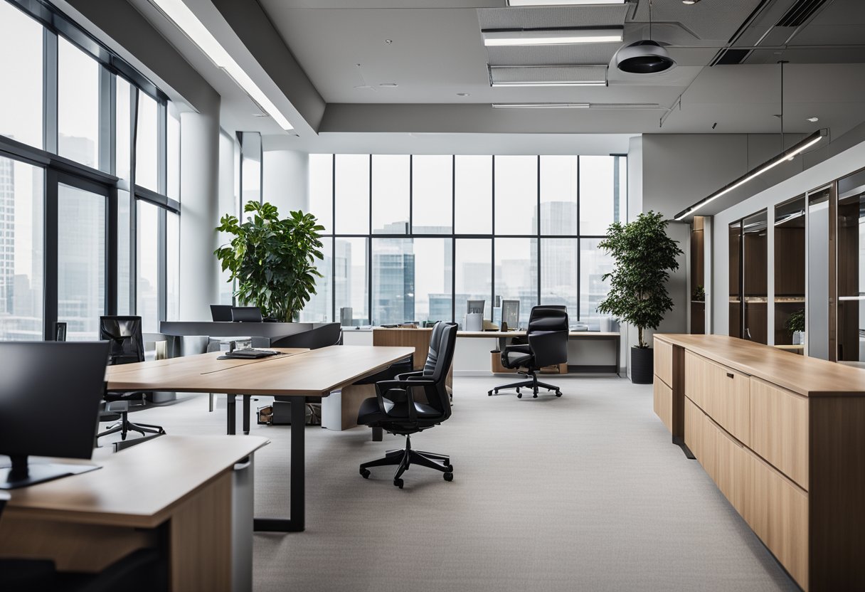 The modern executive office features sleek furniture, clean lines, and ample natural light. A minimalist color palette, integrated technology, and ergonomic workstations complete the design