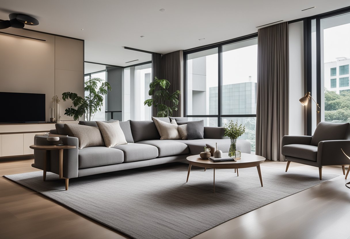 A modern living room with sleek Danish design furniture in Singapore. Clean lines, minimalist aesthetic, and functional elegance