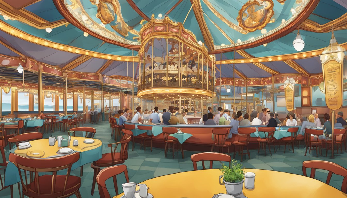A carousel restaurant with FAQ signs circling above tables and diners