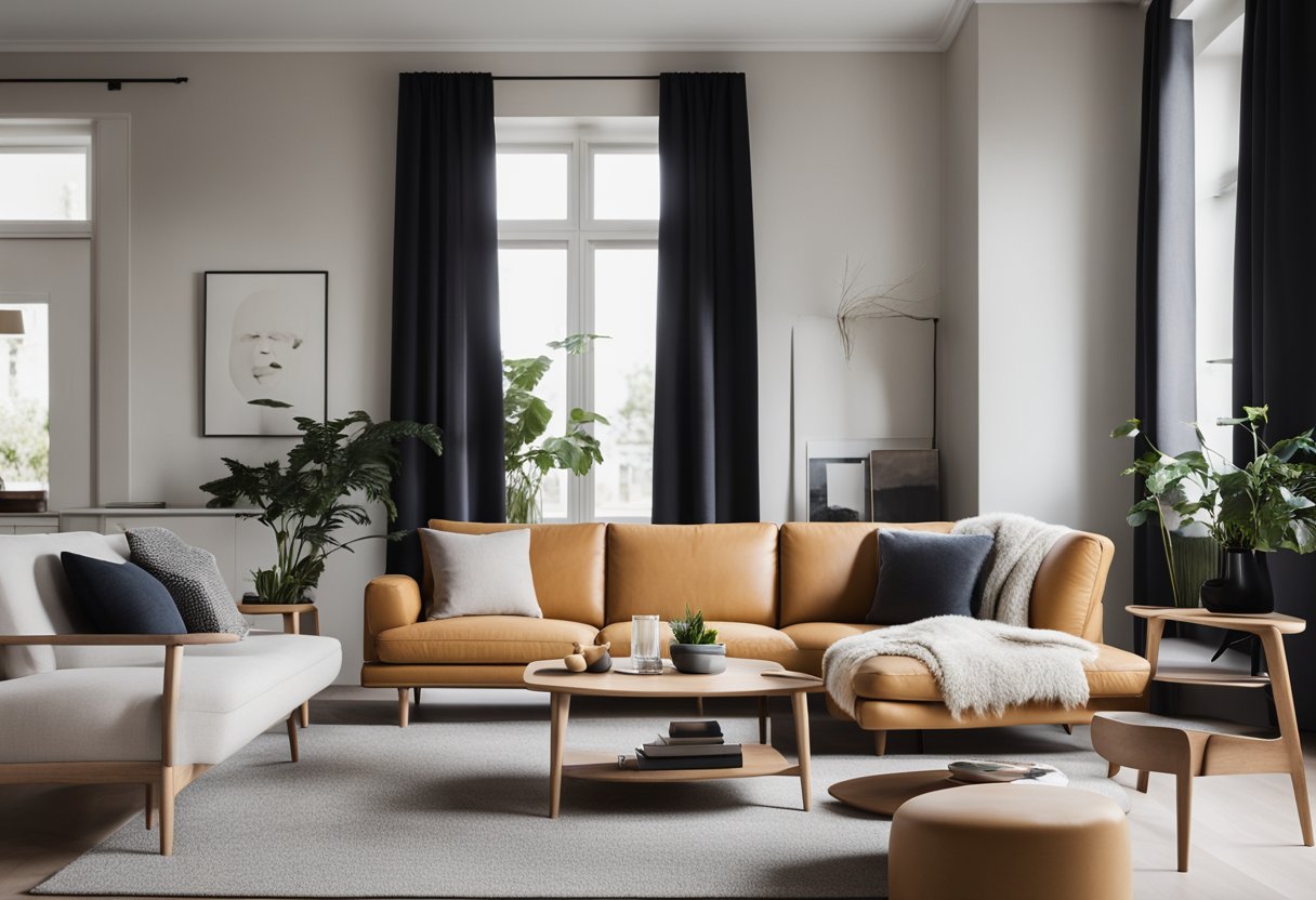 A modern living room with sleek Danish furniture, clean lines, and minimalist design. Light wood tones and pops of color create a stylish and inviting space