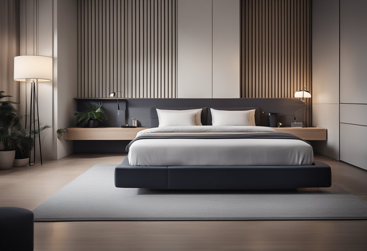 A sleek, modern bed with integrated technology, surrounded by minimalist furniture in a stylish Singaporean apartment