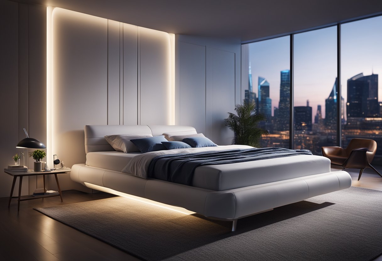 A sleek, modern smart bed with integrated touch-screen controls and adjustable mattress settings. LED lights softly illuminate the room, creating a cozy ambiance