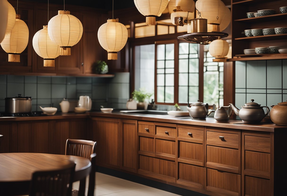 An Asian kitchen with wooden cabinets, bamboo accents, and paper lanterns hanging from the ceiling. A traditional tea set sits on the counter next to a steaming pot of rice
