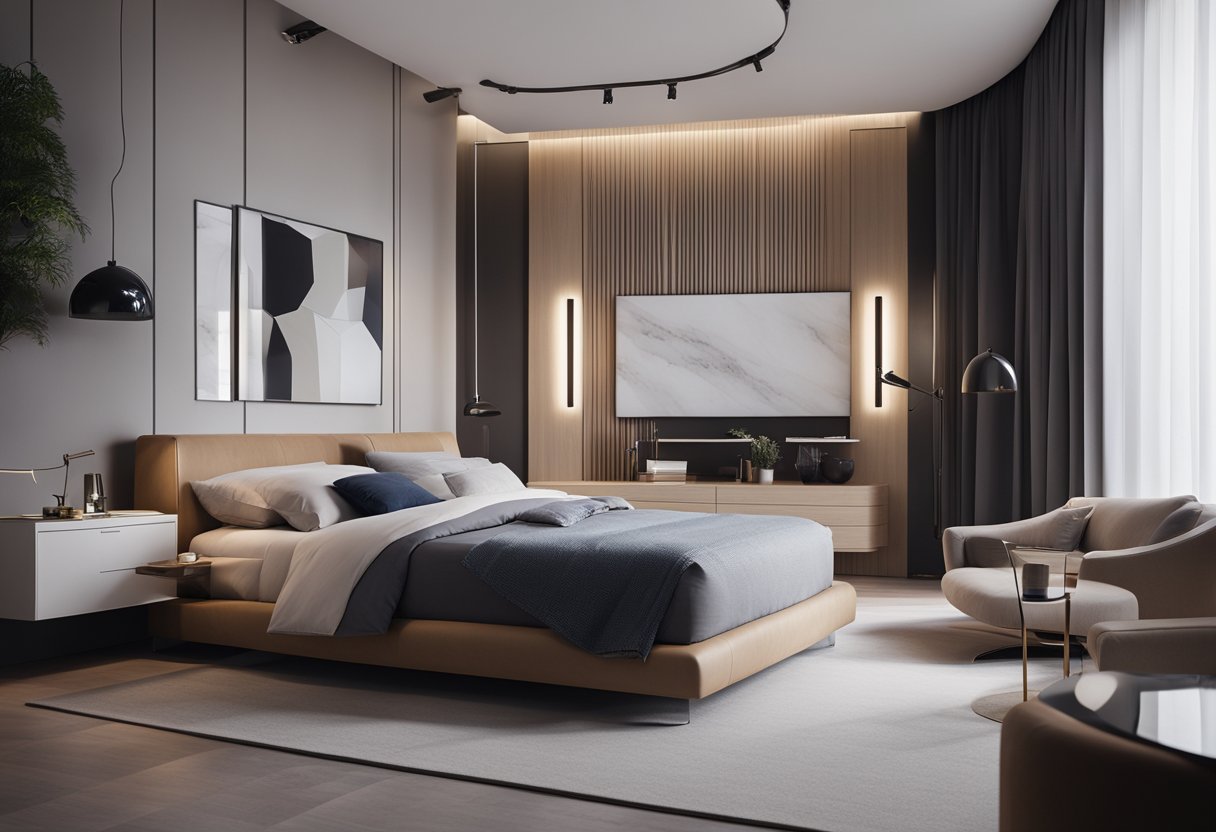 A modern bedroom with a sleek, high-tech smart bed, surrounded by minimalist furniture and integrated with smart home technology