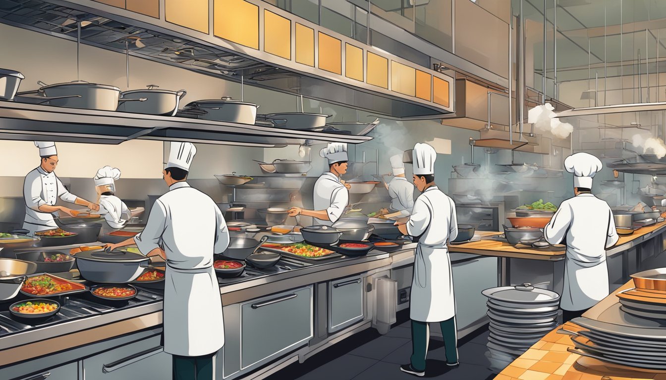 A bustling restaurant kitchen with chefs preparing a variety of colorful and aromatic dishes, surrounded by steaming pots and sizzling pans