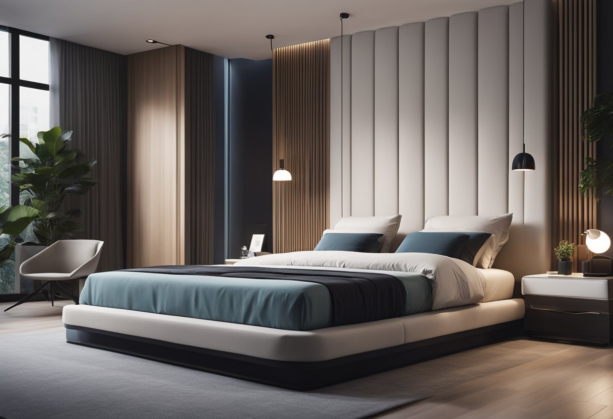 A smart bed in a modern Singapore bedroom, with sleek furniture and integrated technology for convenience and comfort