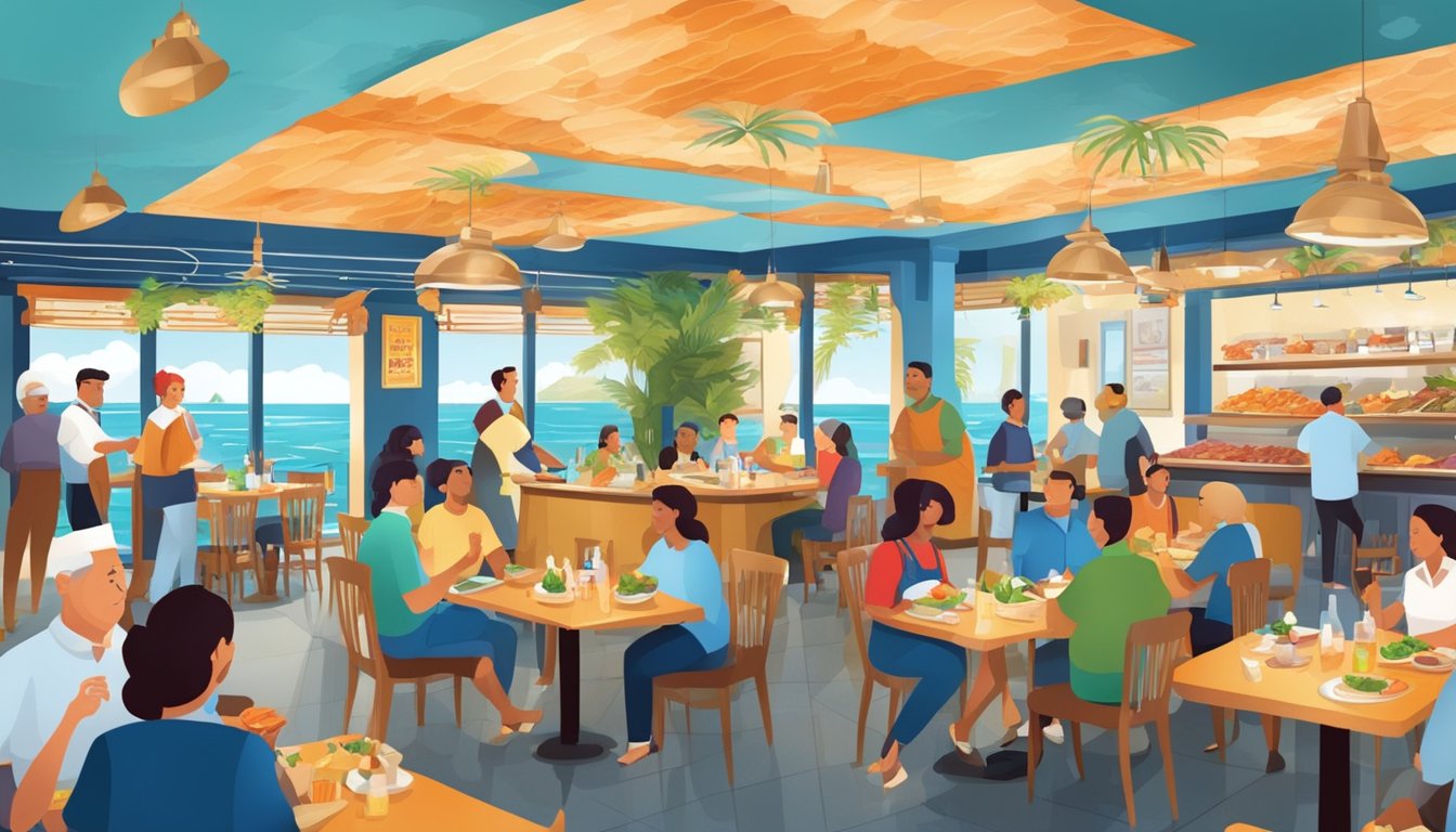 A bustling seafood restaurant with colorful decor, bustling with customers enjoying fresh seafood dishes and lively conversation