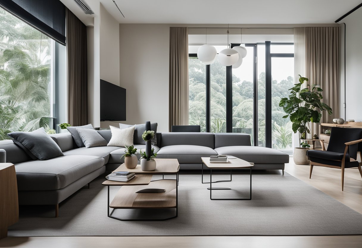 A modern living room with sleek Danish design furniture in Singapore. Clean lines, minimalist aesthetic, and functional pieces