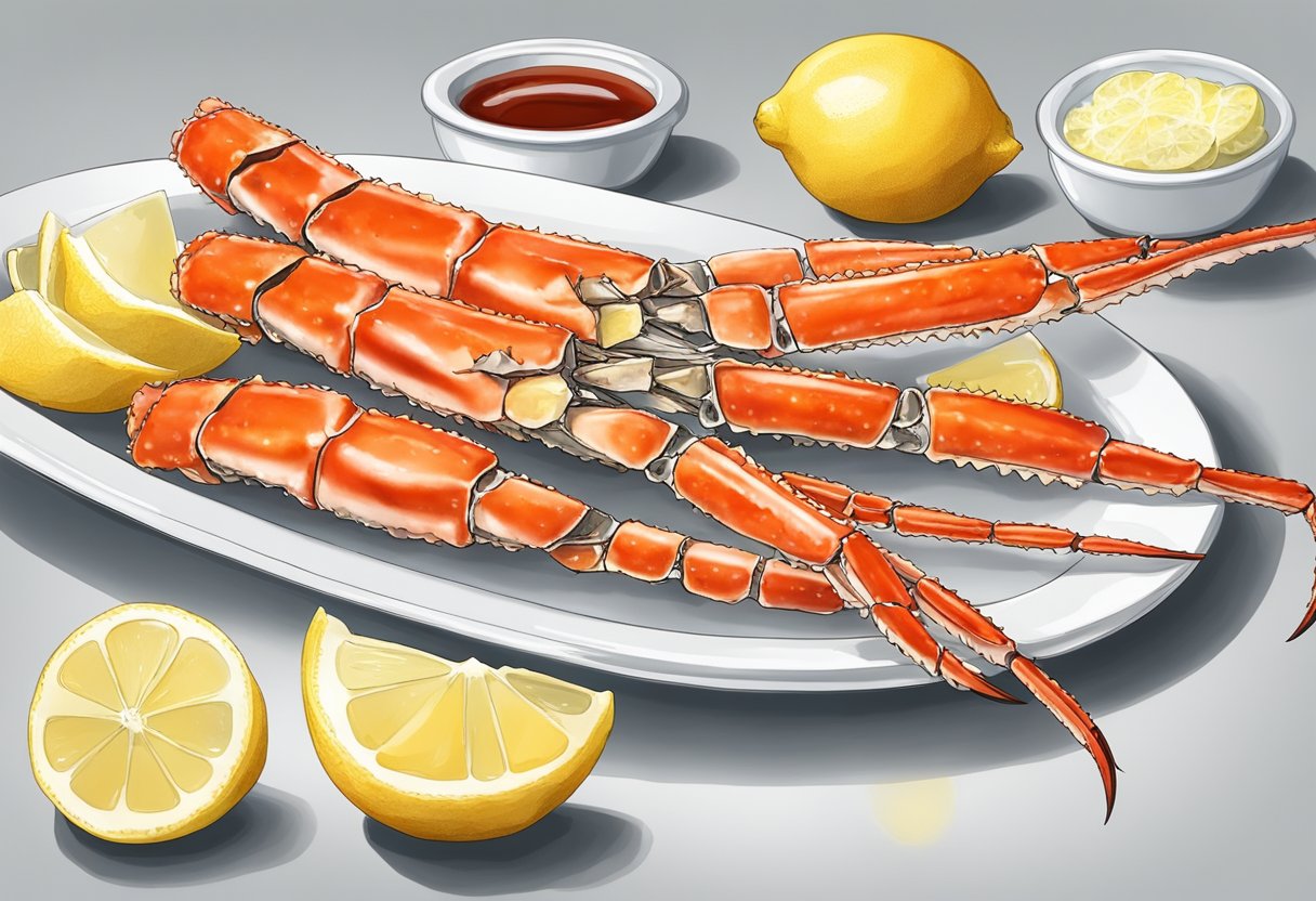 King crab legs arranged on a white platter with lemon wedges and melted butter on the side
