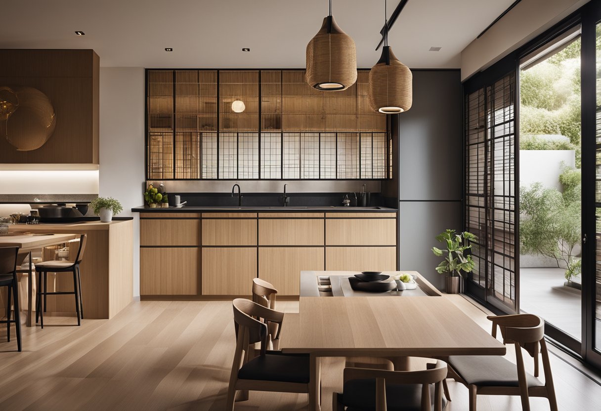 A sleek, minimalist kitchen with bamboo accents, paper lanterns, and a low dining table with floor seating. A sliding shoji screen separates the kitchen from the rest of the living space