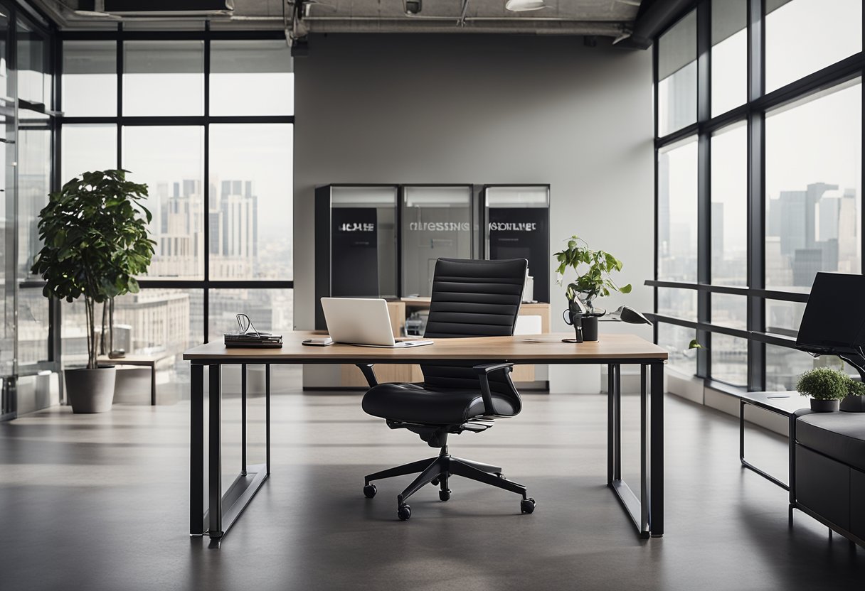 The modern executive office features sleek furniture, ample natural light, and a minimalist color palette. A spacious desk with ergonomic chair and a cozy seating area create a harmonious and productive environment