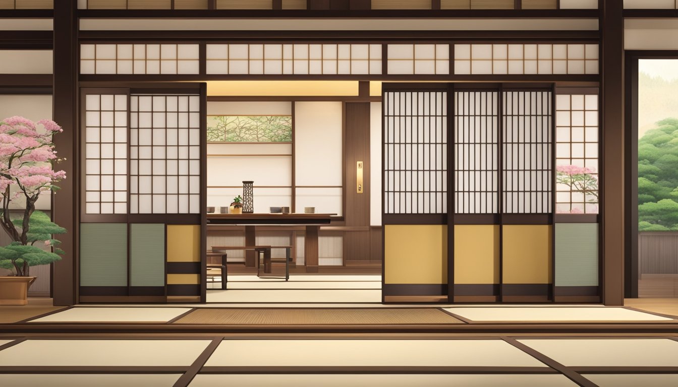 A traditional Japanese restaurant, Chikuyotei, with sliding doors, tatami mats, and elegant decor