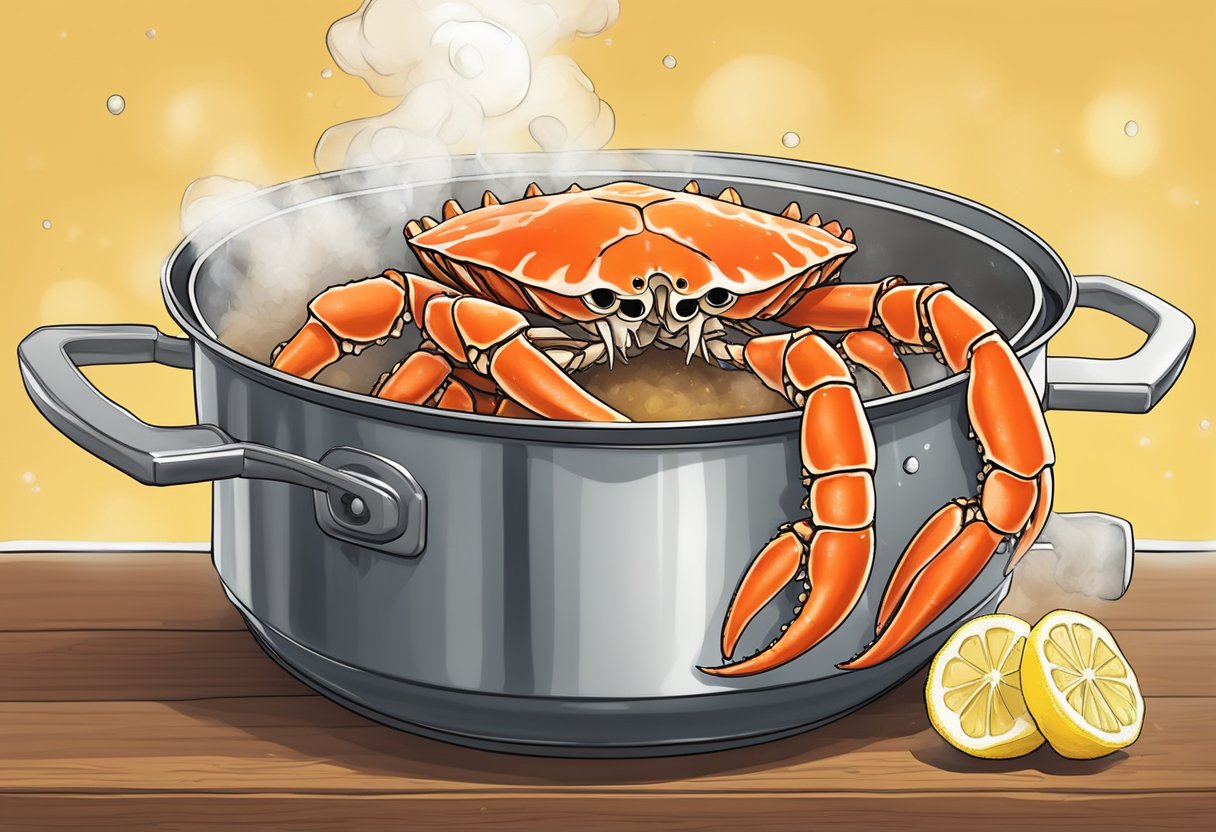 King crab legs being steamed in a large pot, with steam rising and a fragrant aroma filling the air. Lemon wedges and melted butter on the side