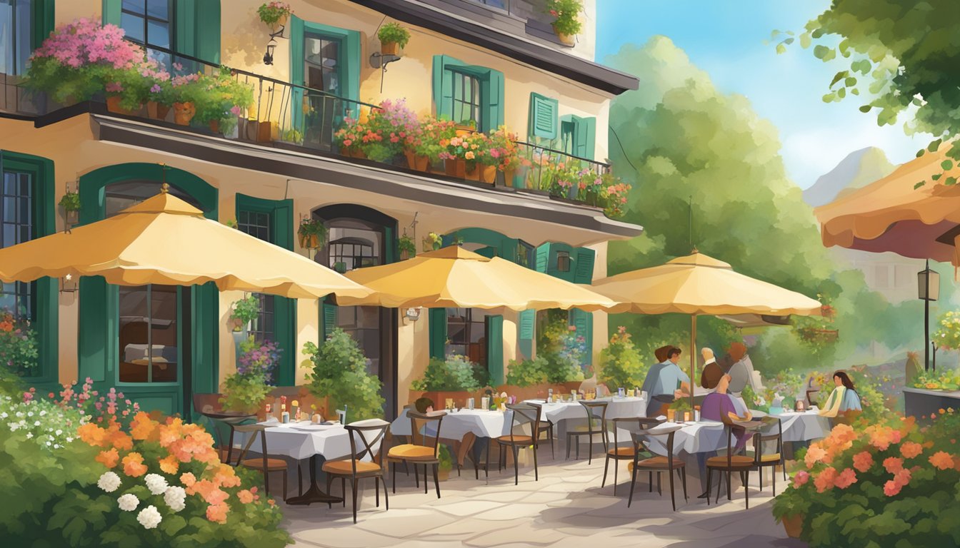 A bustling colony restaurant with outdoor seating, surrounded by lush greenery and colorful flowers, with a charming European-style facade