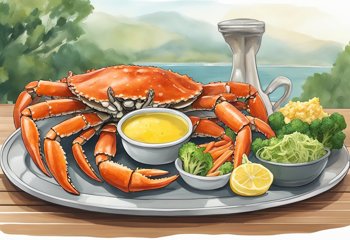 A large king crab sits on a platter surrounded by steamed vegetables and a side of melted butter. The crab legs are arranged neatly, ready to be cracked open and enjoyed