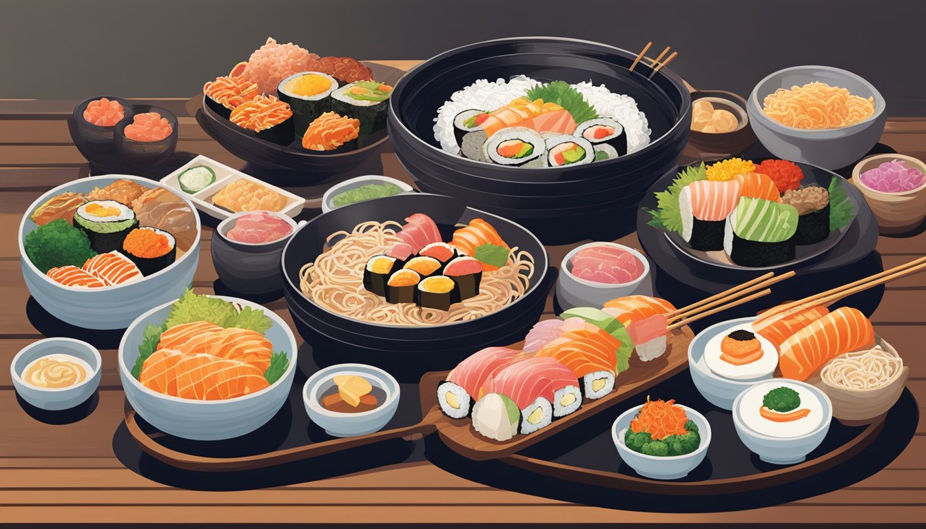 A sizzling platter of teppanyaki, steaming bowls of ramen, and colorful sushi rolls adorn the table at Chikuyotei Japanese restaurant