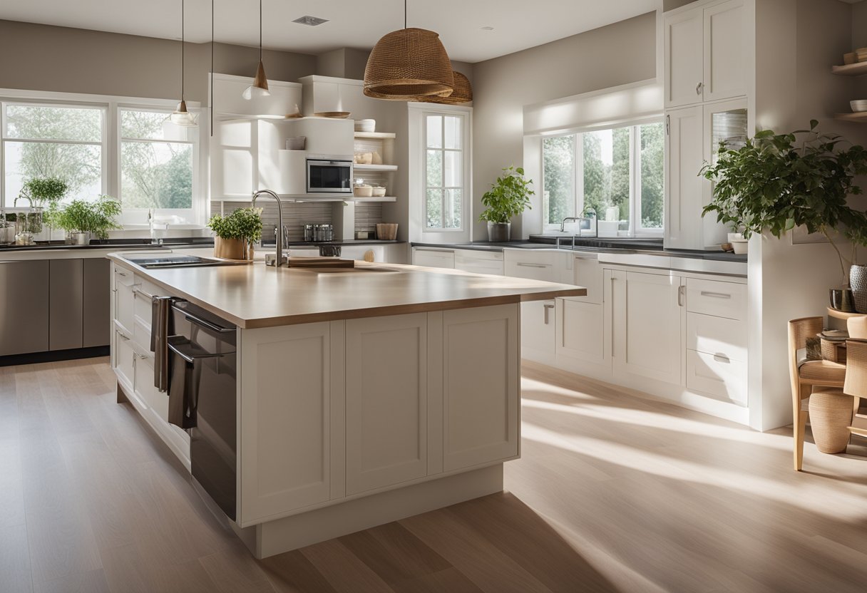 The kitchen is well-lit with natural light, featuring an open layout with ample counter space and storage. The colors are warm and inviting, with modern appliances and a functional, organized design