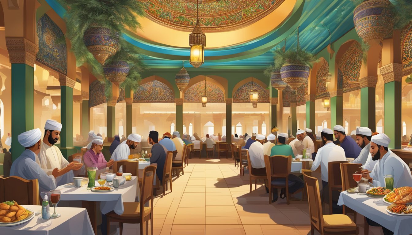The bustling Al Madinah restaurant, with colorful decor and aromatic spices, filled with diners enjoying traditional Middle Eastern cuisine
