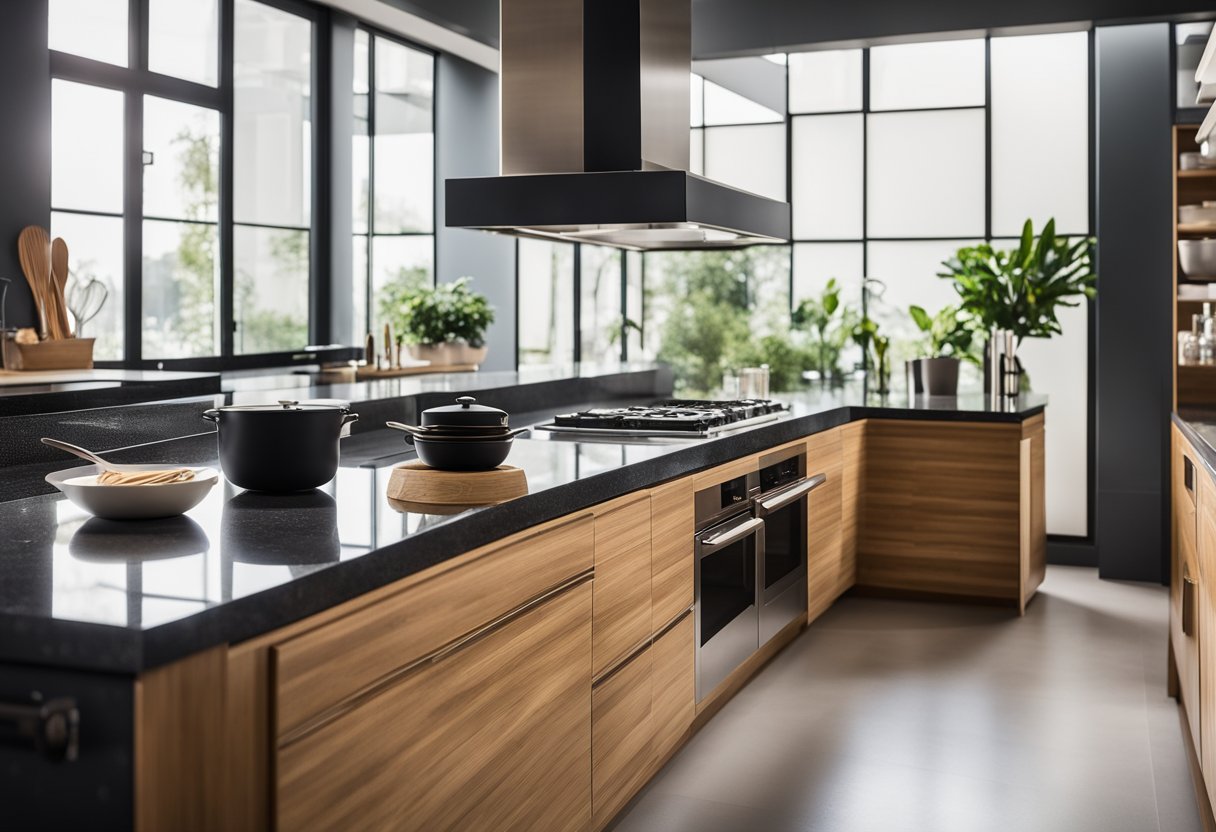An Asian kitchen with clean lines, minimalistic design, and natural materials. Bamboo cabinets, granite countertops, and a central cooking area with a wok and hanging utensils