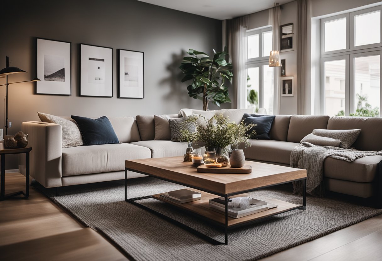 A cozy living room with modern decor, featuring a sleek dining table, minimalist furniture, and warm lighting
