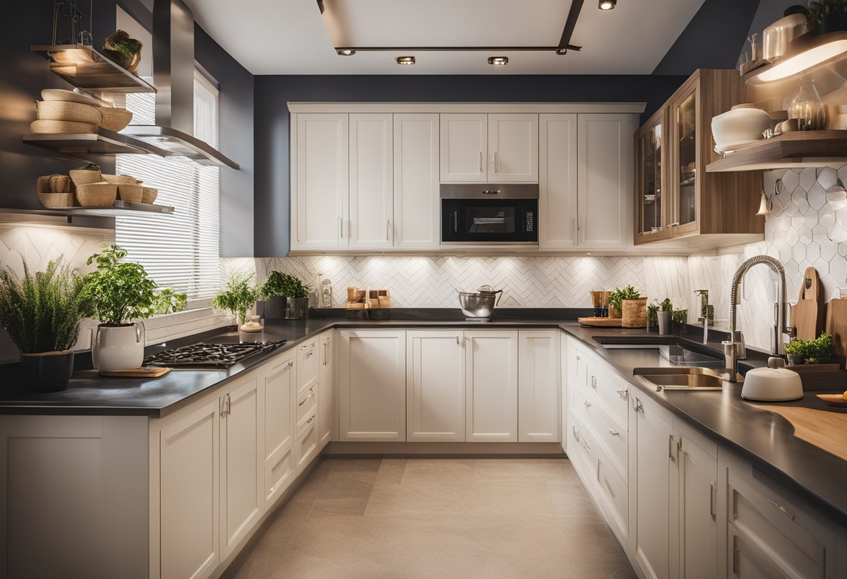 A well-lit, organized kitchen with ample storage, clean countertops, and a balanced layout following Vastu principles