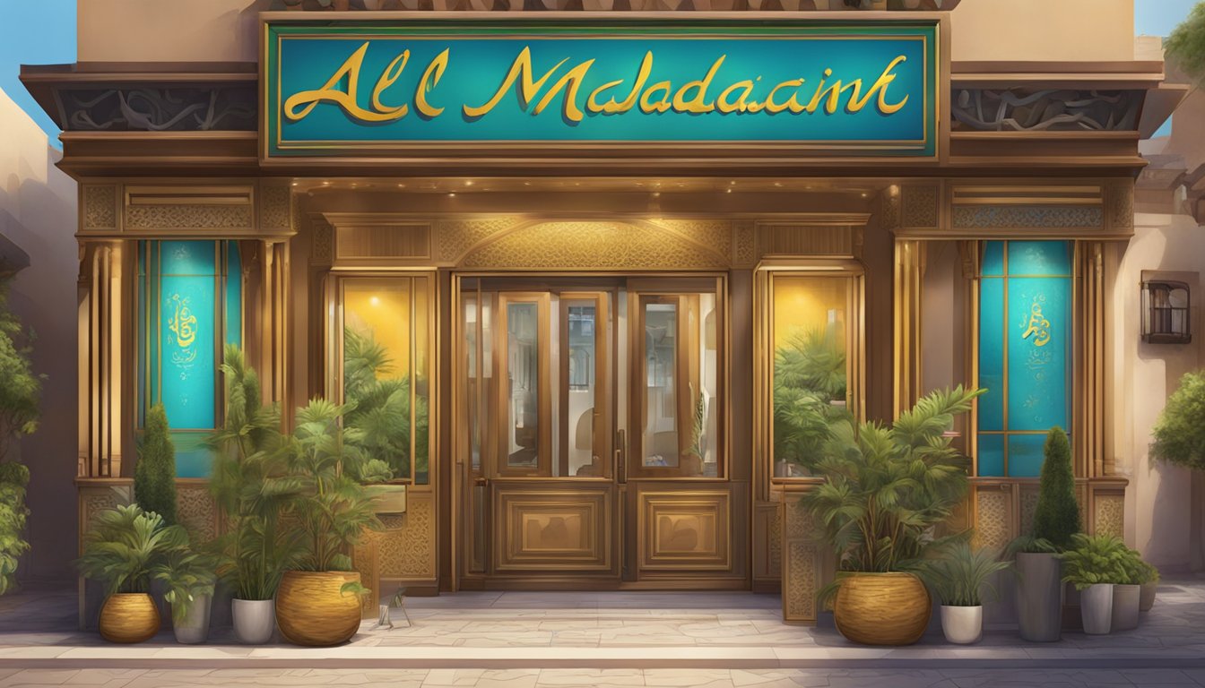 The exterior of Al Madinah Restaurant, with a welcoming entrance, colorful signage, and bustling atmosphere