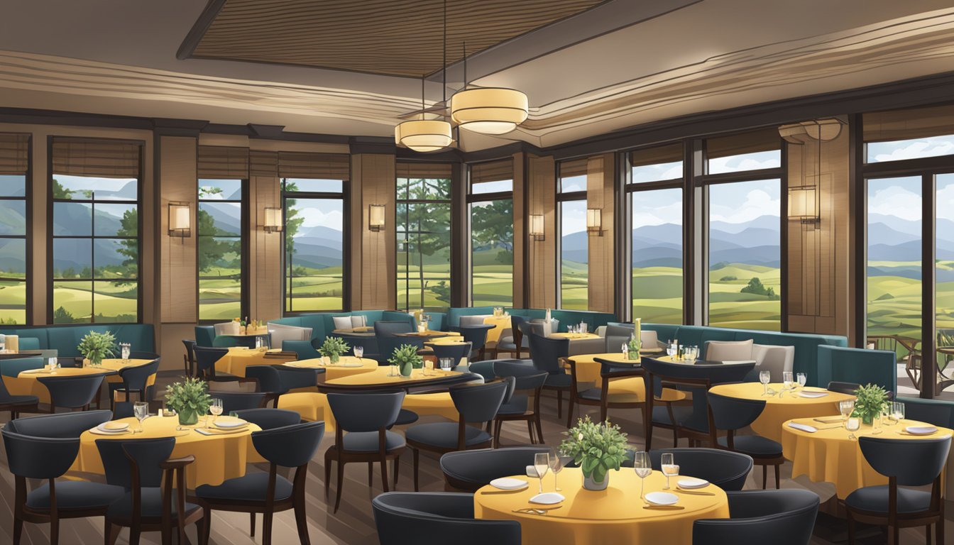 The bustling colony restaurant features a sleek bar, cozy seating, and elegant table settings, surrounded by large windows offering stunning views of the surrounding landscape