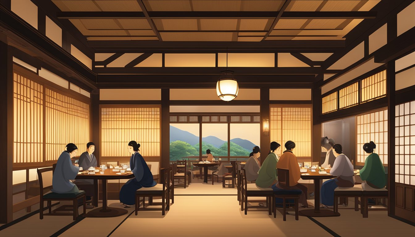 The warm glow of traditional lanterns illuminates the elegant dining room, where attentive staff gracefully attend to patrons at Chikuyotei Japanese restaurant