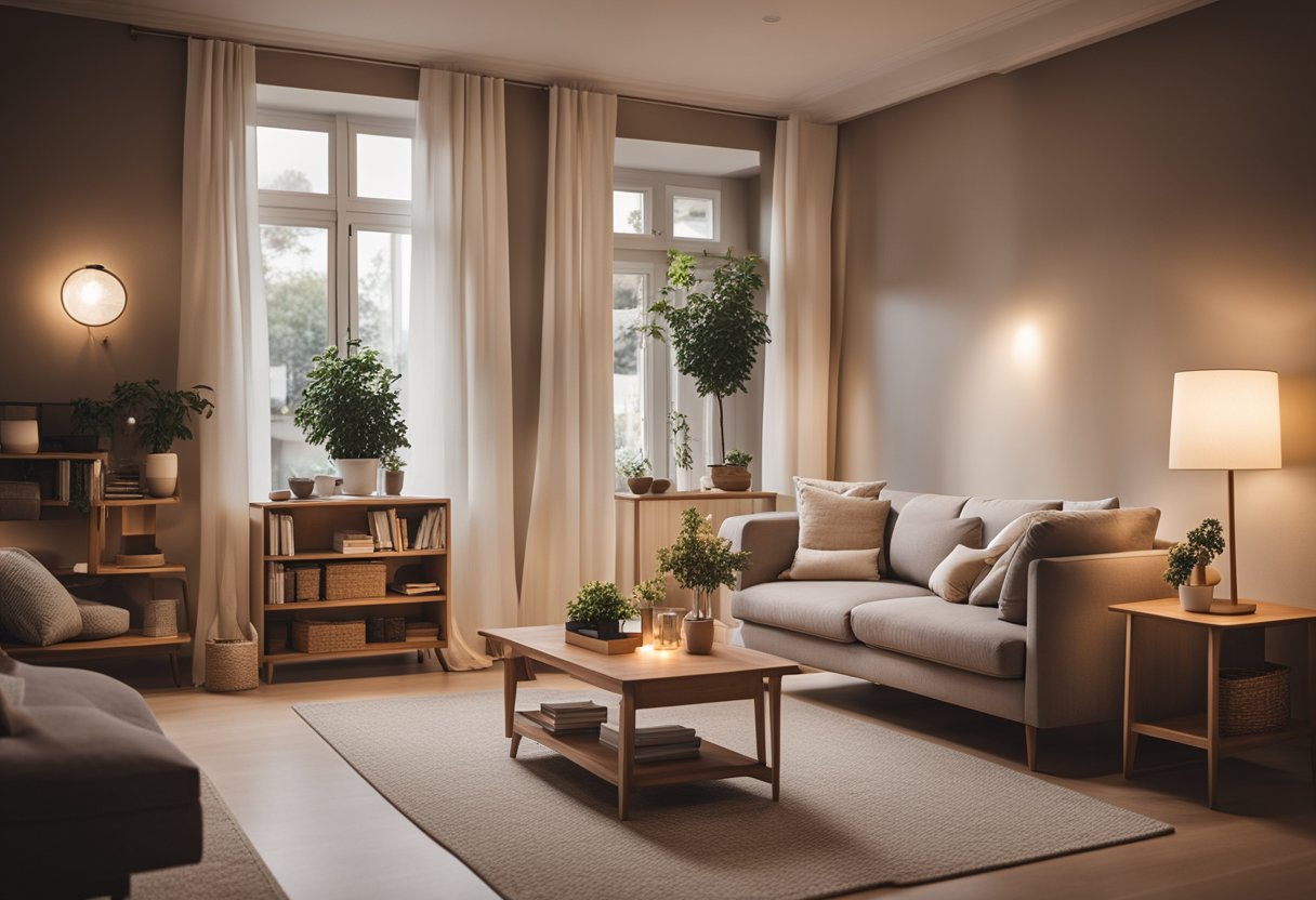 A cozy living room with a small dining table, compact furniture, and clever storage solutions. Warm lighting and neutral colors create a welcoming atmosphere