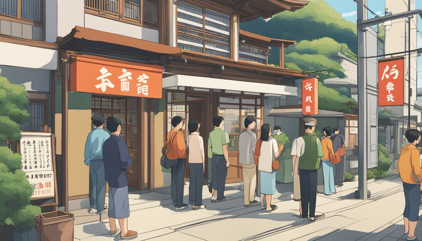 Customers line up at the entrance of Chikuyotei Japanese restaurant. A sign displays "Frequently Asked Questions" in bold letters. The interior is bustling with activity