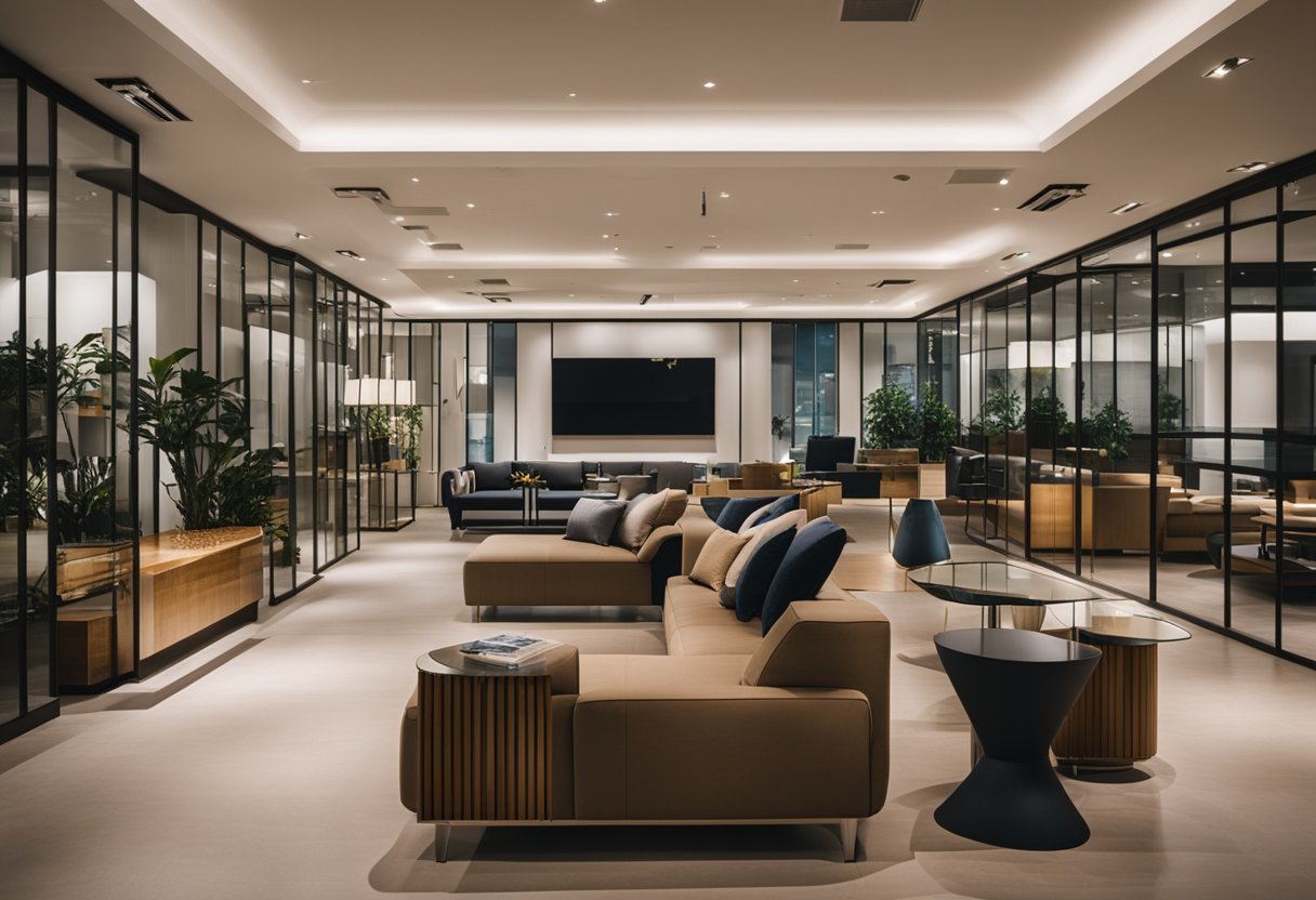A modern, sleek furniture showroom in Singapore under the starlight