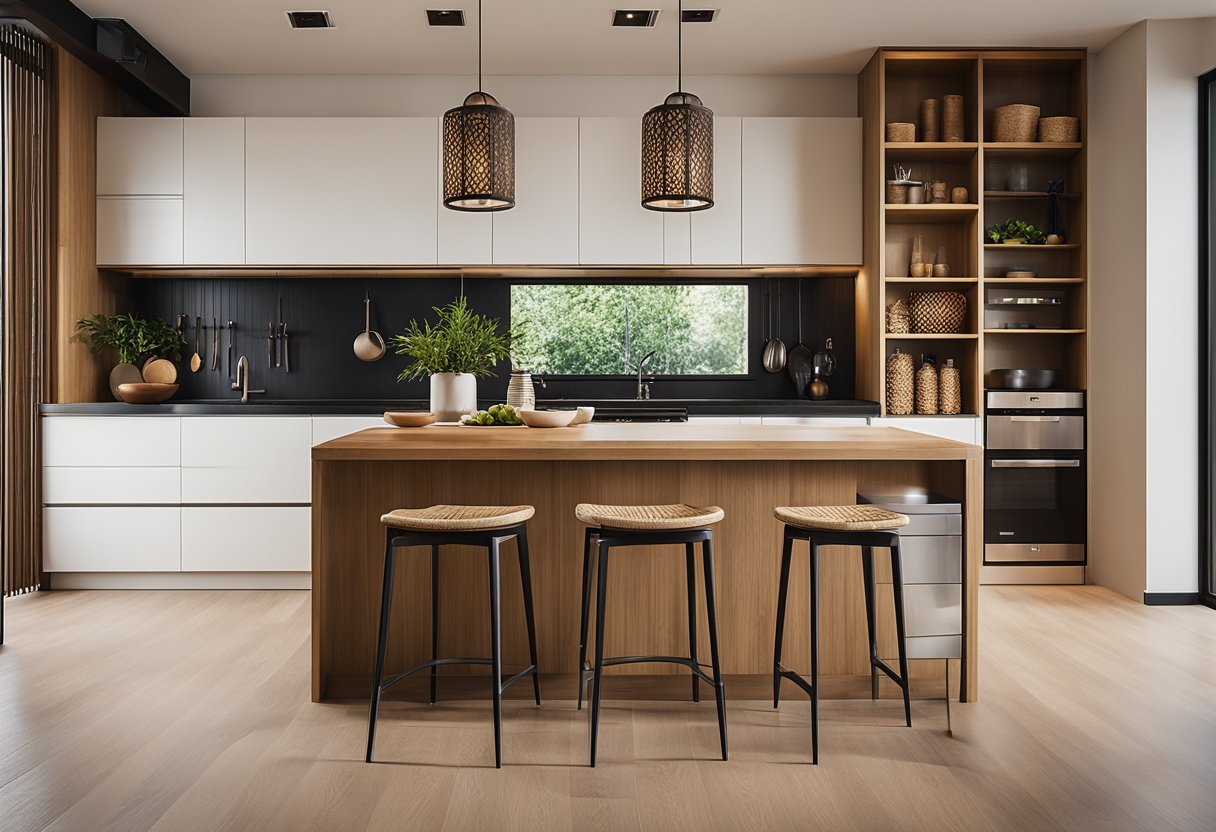 An open-concept kitchen with minimalist decor, bamboo accents, and traditional Asian motifs. Clean lines and natural materials create a serene and functional space