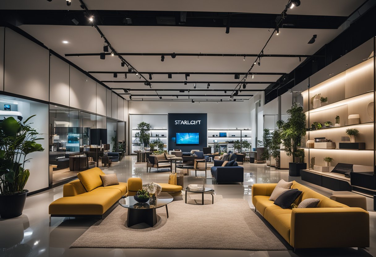 A spacious showroom with modern furniture displays and vibrant lighting at Starlight Furniture in Singapore