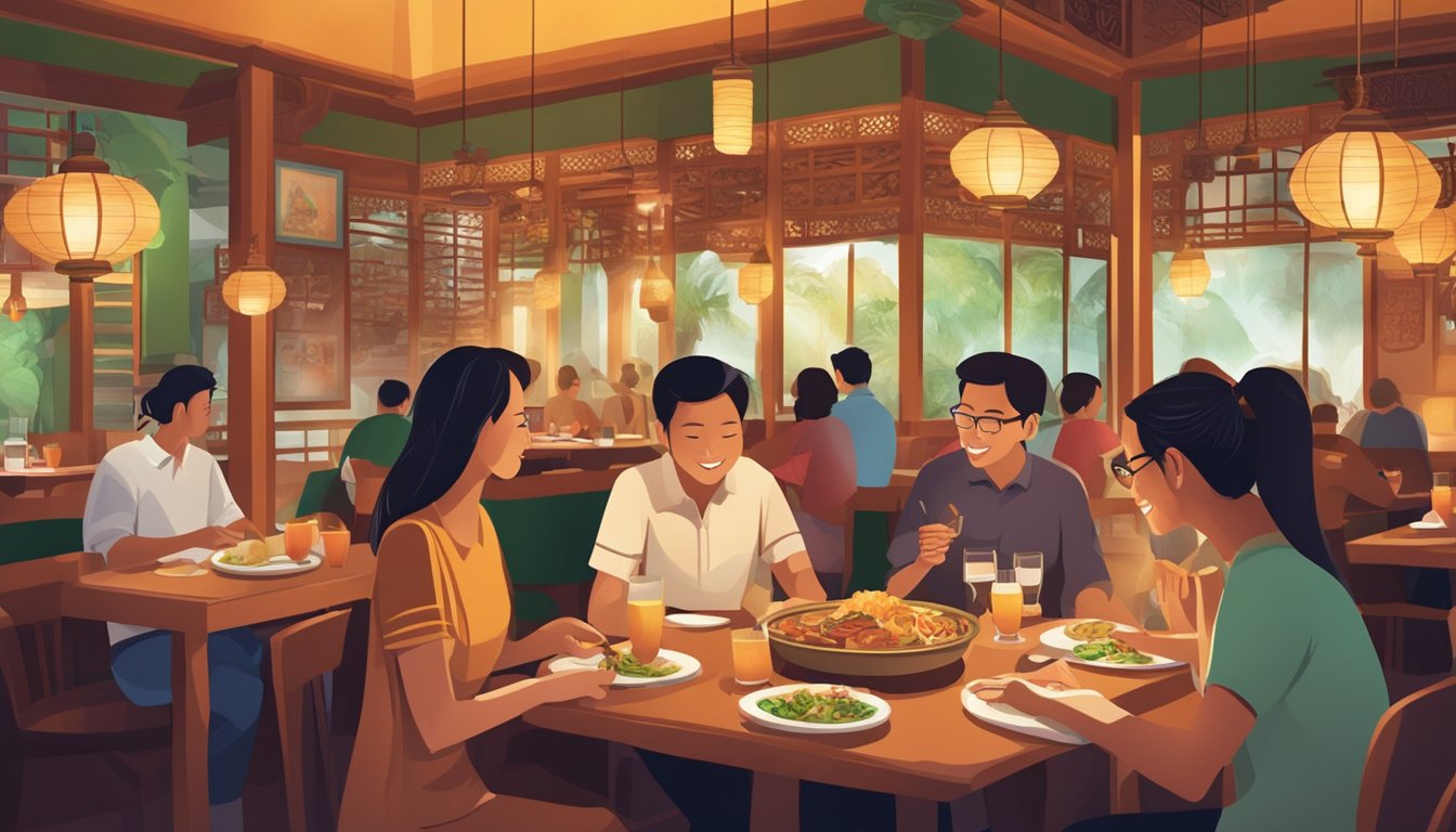 Customers enjoying a variety of Malaysian dishes in a cozy, bustling restaurant setting with warm lighting and traditional decor