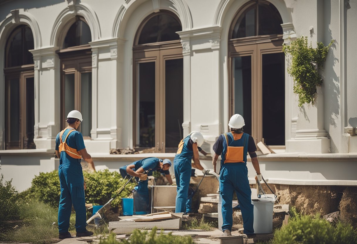 A villa being renovated with workers painting, repairing, and landscaping the exterior