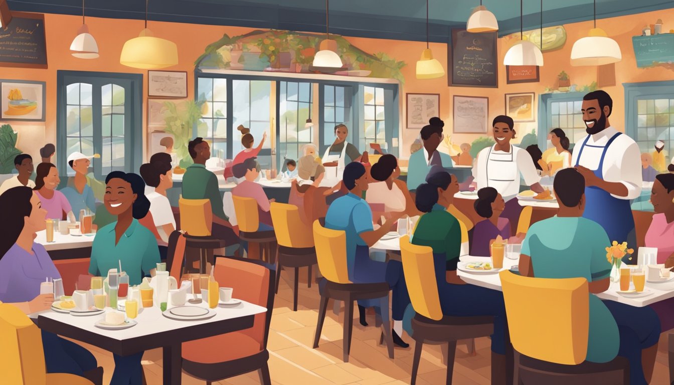 A bustling restaurant with colorful decor, steaming dishes, and smiling waitstaff serving a diverse group of patrons
