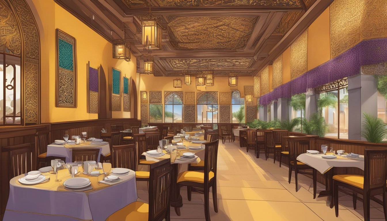 The bustling restaurant is filled with the aroma of Middle Eastern cuisine. Tables are adorned with colorful linens, and the walls are decorated with intricate Arabic calligraphy. A warm and inviting atmosphere envelops the space
