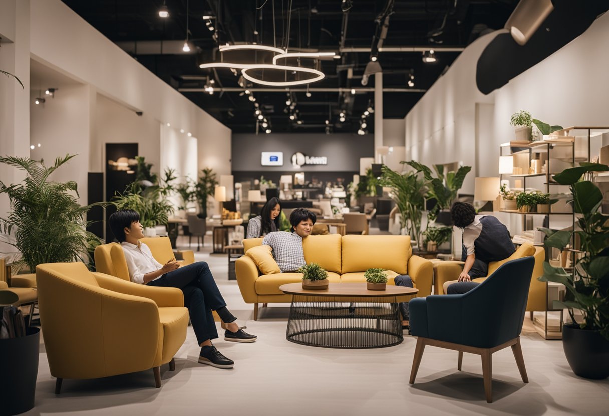 A cozy furniture showroom with customers browsing, a friendly staff member assisting, and a prominent sign for "Frequently Asked Questions" at Starlight Furniture Singapore