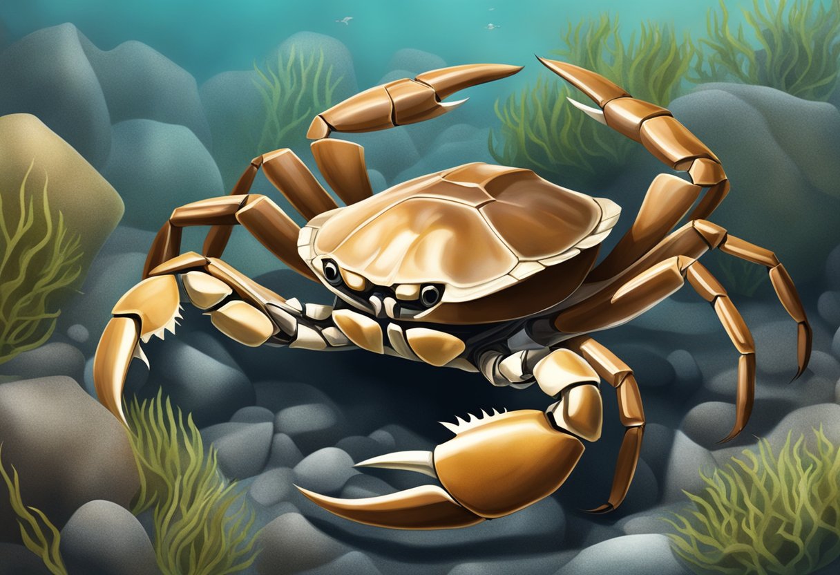 A brown crab with a hard exoskeleton and sharp claws, surrounded by seaweed and rocks in its natural marine habitat
