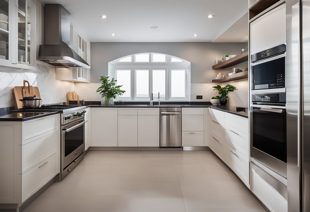 A sleek, modern kitchen with a curved arch door design, stainless steel appliances, and marble countertops