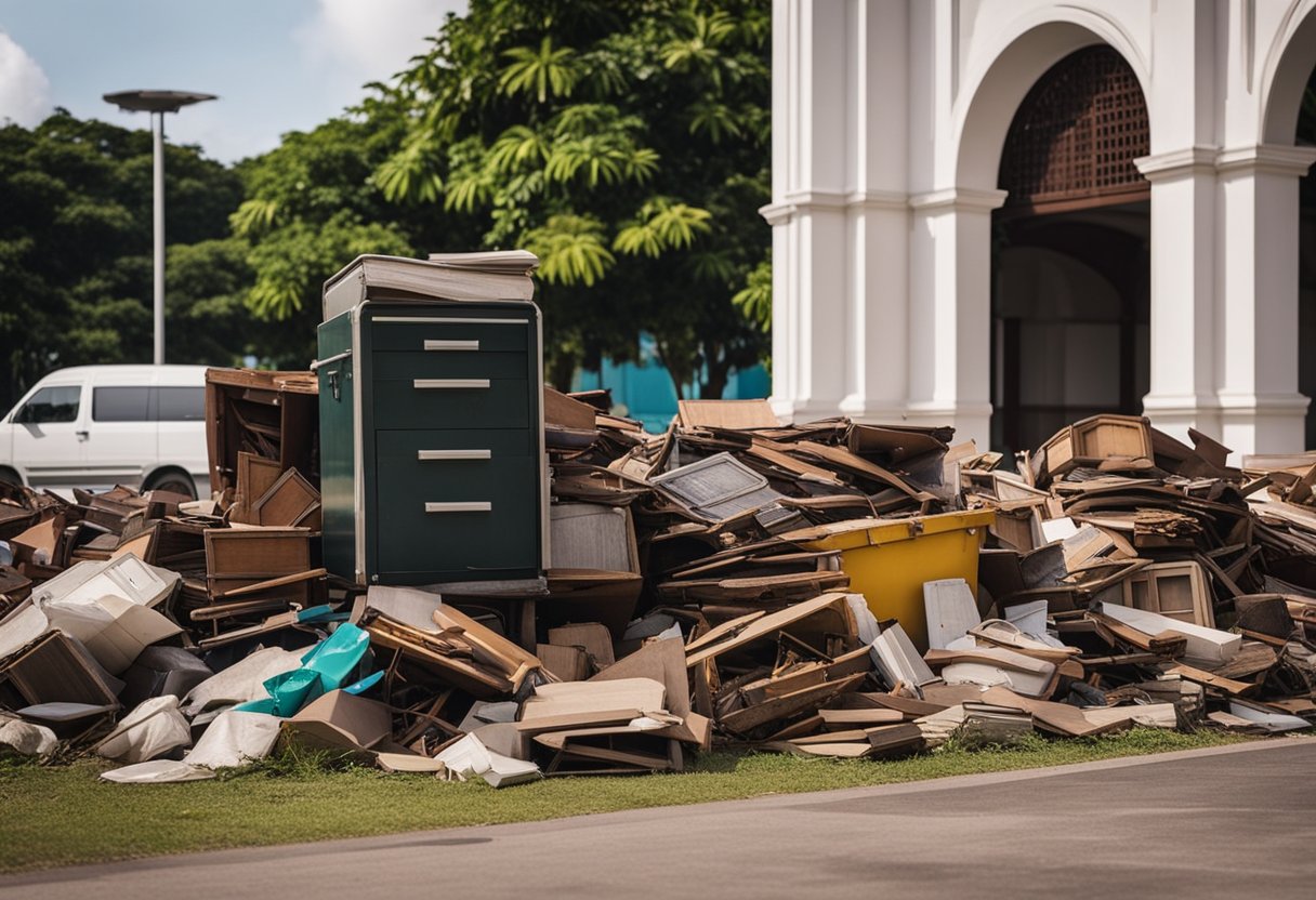 A pile of old furniture sits outside a Singapore town council building, ready for disposal. A sign nearby outlines the process for proper furniture disposal in the city