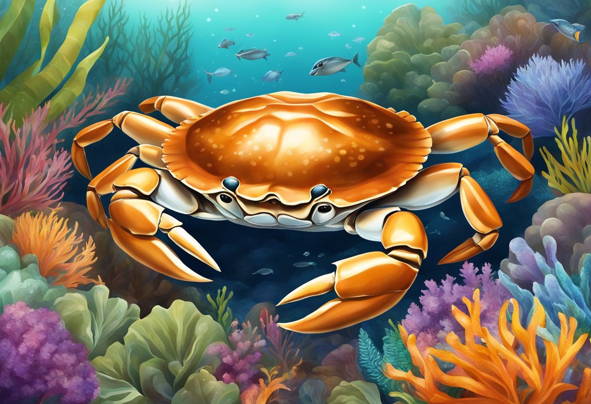 A brown crab nestled among vibrant ocean flora, surrounded by a variety of fresh, colorful ingredients ready for a conservation and cuisine dish