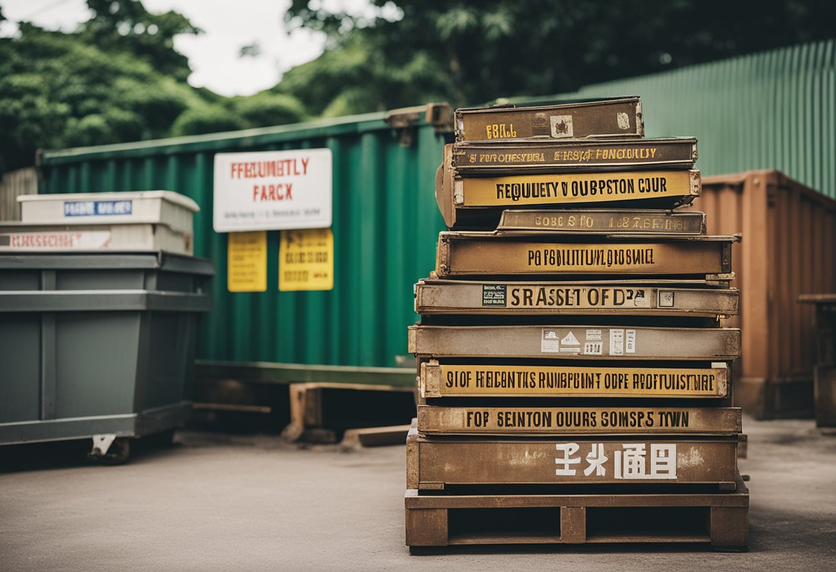 A stack of old furniture sits next to a dumpster, labeled "Frequently Asked Questions disposal of furniture singapore town council."