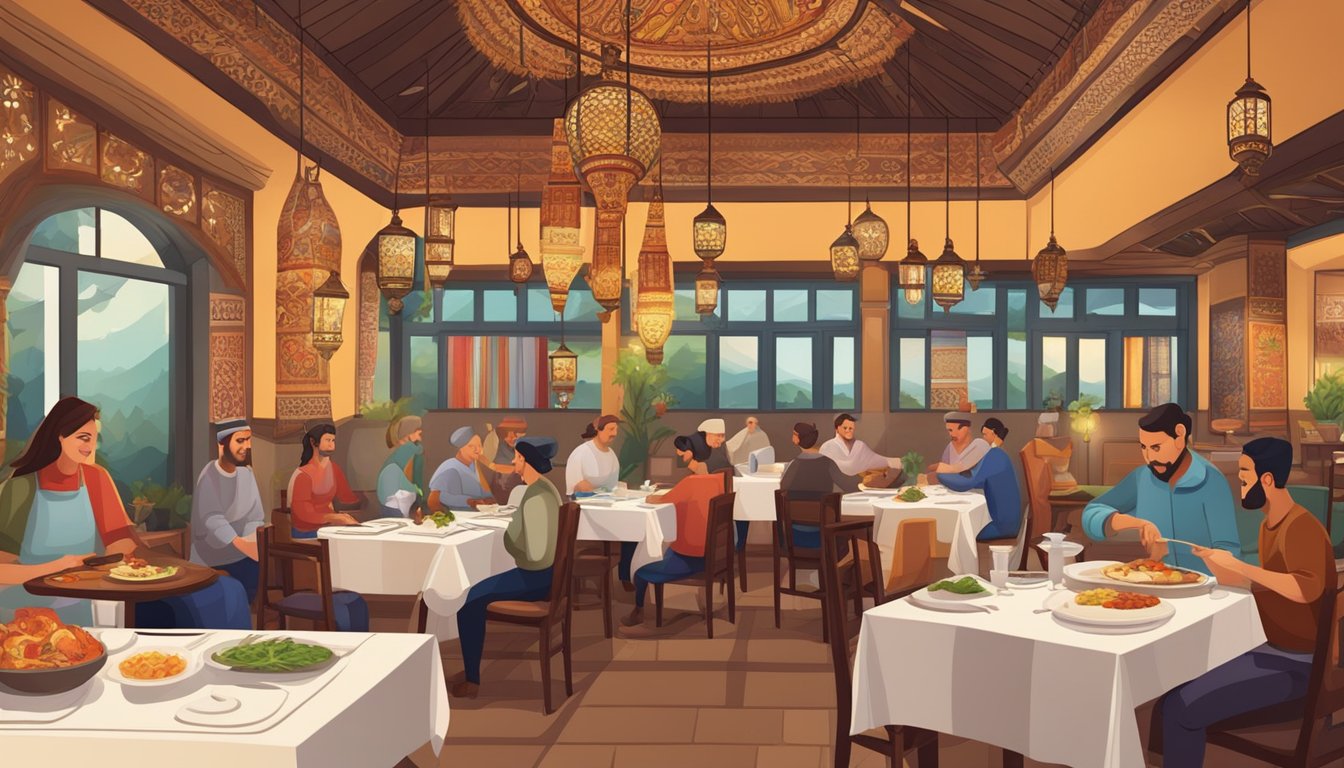 People dining at Anatolia Turkish restaurant, enjoying traditional dishes. Decor includes Turkish rugs and lanterns. A chef prepares kebabs in the open kitchen